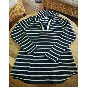 Saint Tropez West Sweater Nautical Black White Stripe Hooded Pullover Tunic L